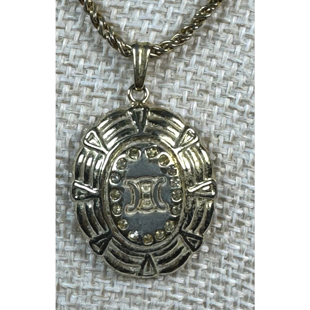 Celine Vintage Gold Tone Medallion Pendant Necklace Rope Chain